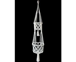 106cm Macrame Pot Hanger 2 Tier Double White Plant - White