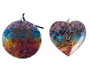 2 Pendants 7 Chakra Layered Orgone Gemstone Orgonite Reiki Disk Heart