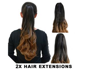 2Pcs Deluxe Ombre Darkbrown Ponytail Ribbon Clamp Wavy 20" Hair Extension 06 2X