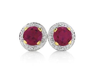 9ct Gold Created Ruby & Diamond Frame Studs