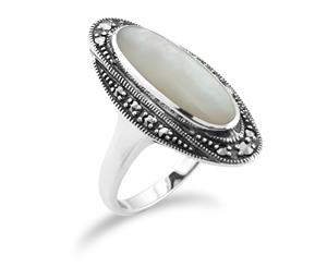 Art Deco Style Mother of Pearl Cabochon & Marcasite Ring in925 Sterling Silver