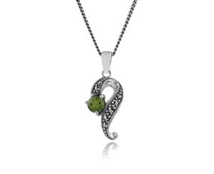 Art Nouveau Style Round Peridot & Marcasite Swirl Pendant in 925 Sterling Silver