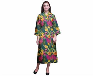 Bimba Bird Blossom & Goldfinch Long Printed Kimono Robes For Women Bridesmaid Robes Cotton Bathrobes - Oxford Blue