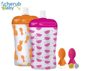 Cherub Baby On The Go Mini Food Pouches 10-Pack + Food Pouch Spoons 2-Pack - Pink/Orange