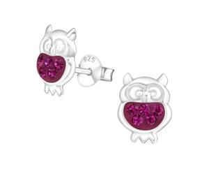 Children's Silver Fuchsia Owl Crystal Ear Studs