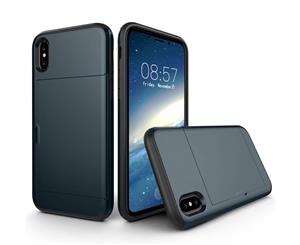 Dark Blue For Apple iPhone XR Double Cards Space Armor Tough Strong Case Cover