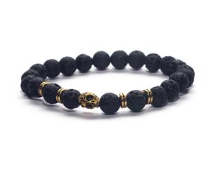 Decked-Up Men's Beads Bracelets - Lava Black Beads with Rustic Golden Skull Charm