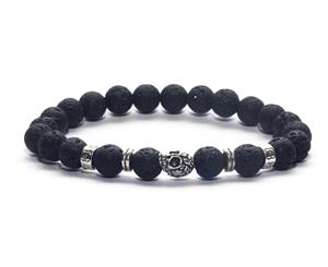 Decked-Up Men's Beads Bracelets - Lava Black Beads with Rustic Silver Skull Charm