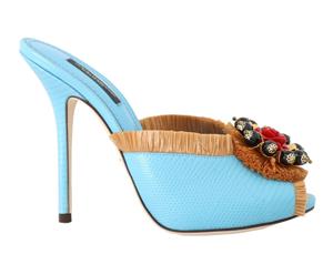 Dolce & Gabbana Blue Leather Slides Crystals Sandals