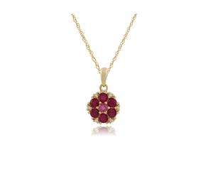 Floral Round Ruby Pink Tourmaline & Diamond Pendant in 9ct Yellow Gold