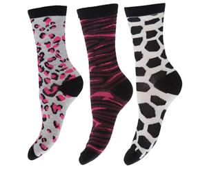 Floso Ladies/Womens Cotton Rich Animal Print Socks (Pack Of 3) (Pink/Grey/Black) - W243