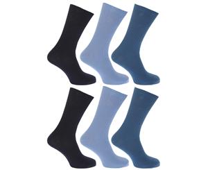 Floso Mens Ribbed Non Elastic Top 100% Cotton Socks (Pack Of 6) (Shades of Blue) - MB186