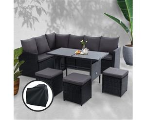 Gardeon Outdoor Dining Set Sofa Set Outdoor Furniture Dining Setting Wicker 9 Seater Ottoman Storage Cover Black