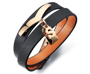 Genuine Cow Leather Wrap Bracelet With Letter 'S'-Leather/Black