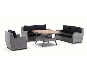 Grange 3+2+1 Outdoor Lounge With 1.2M Square Teak Top Table - Outdoor Wicker Lounges - Brushed Grey and Denim cushion