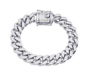 Iced Out Stainless Steel Miami Cuban Bracelet - 14mm - Silver