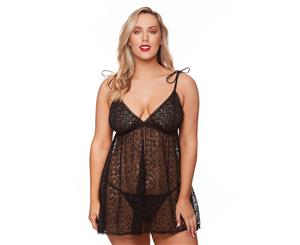 Just Sexy Women's Plus Size 2-Piece Tie Strap Lace Teddy Set - Black