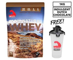 Limitless 100% Natural Whey Protein Concentrate Indulgent Dutch Chocolate 1kg + Bonus Shaker & Samples