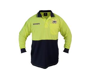 North QLD Queensland Cowboys NRL LONG Sleeve HI VIS Polo Work Shirt Yellow Navy