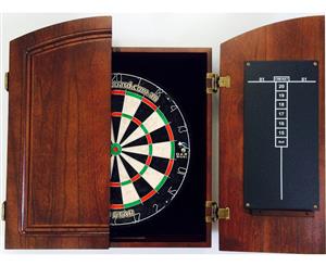 PRO STAR Dart Board Set TIMBER Cherry Colour Cabinet Micro Wire Pro Star + Darts