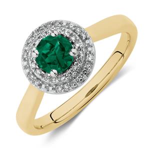 Ring with Created Emerald & Diamonds in 10ct Yellow Gold