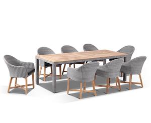 Sahara 8 Rectangle With Coastal Chairs In Half Round Wicker - Outdoor Wicker Dining Settings - Brushed Grey and Denim cushion