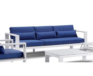 Santorini 3+2+1 Outdoor Lounge Setting With Coffee Table In White - Outdoor Aluminium Lounges - White with Royal Blue cushions