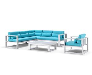 Santorini Package B Outdoor Lounge With Arm Chair & Coffee Table In White - White with Denim Grey - Outdoor Aluminium Lounges