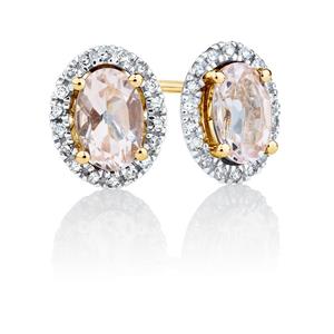 Stud Earrings with Morganite & Diamonds in 10ct Yellow & White Gold