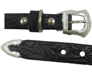 Tooled Leather Dog Collar 3 Piece Silver Buckle Set Western Engraved Black40.5Cm - Black