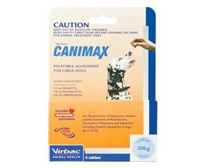 Virbac Canimax Dog All Wormer for Large Dogs Up to 20kg - 4's (C7325)