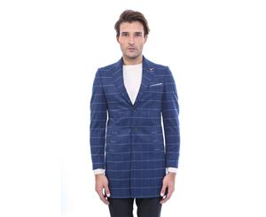 Wessi Slimfit Wide Pointed Collar Navy Plaid Coat