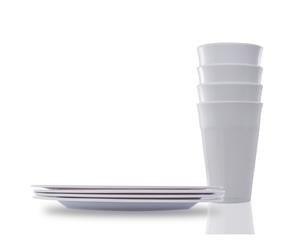 White Melamine Plate Dinner Set with 4 tumblers and 4 plates ideal for picnic and outdoor activities