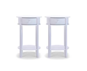 2 x Side Table White Round with Drawer Sofa Lamp Nightstand Bedside Tabe Drawer Display Unit Stand Rack Wooden Home