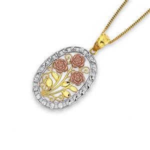 9ct Gold Tri Tone Triple Rose Oval Pendant