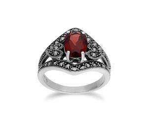 Art Deco Style Oval Garnet & Marcasite in 925 Sterling Silver