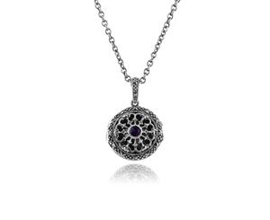 Art Nouveau Style Round Amethyst & Marcasite Locket on Chain in 925 Sterling Silver