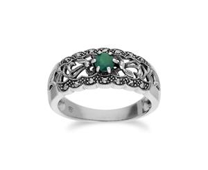 Art Nouveau Style Round Emerald & Marcasite Floral Band Ring in 925 Sterling Silver