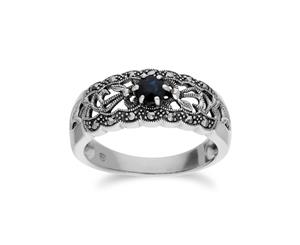 Art Nouveau Style Round Sapphire & Marcasite Floral Band Ring in 925 Sterling Silver