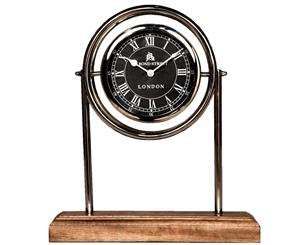 BOND STREET LONDON 33cm Tall Desk Clock with Timber Base and Round Black Face