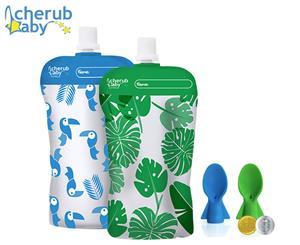 Cherub Baby On The Go Mini Food Pouches 10-Pack + Food Pouch Spoons 2-Pack - Blue/Green