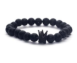 Decked-Up Men's Beads Bracelets - Lava Black Beads with Black Studded Crown Charm