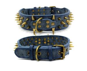 Dog Leather Collar Spiked & Studded Adjustable Dog Collar Rustic Blue