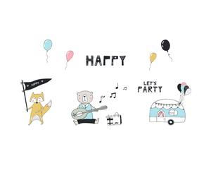 Fox Bear Music Birthday Patry Wall Stickers (Size 100cm x 50cm)