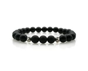 Men's 8mm Natural Black Agate 3 Black Stone & Silver Beads Stretchy Beaded Stretch Bracelet