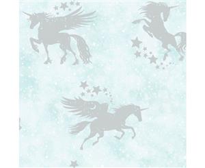 Over the Rainbow Iridescent Unicorns Wallpaper Teal/Silver (90950)