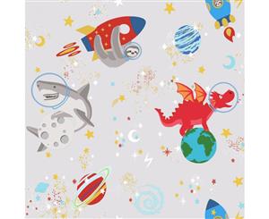 Over the Rainbow Space Animals Glow in the Dark Wallpaper Grey (90920)