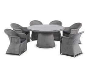 Plantation 6 Seater Outdoor Wicker Round Alfresco Dining Table And Chairs Set - Outdoor Wicker Dining Settings - Full Round Brushed Grey Denim