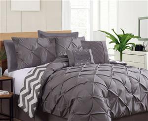 Queen Size Bed Reversible 7 Pieces Pinch Pleat Ruched Comforter Coverlet Bedspread Set Quilt 220x220cm Charcoal