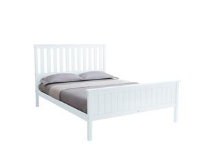 Queen Size Wooden Bed Frame Pine Platform Mattress Base w/Headboard - White